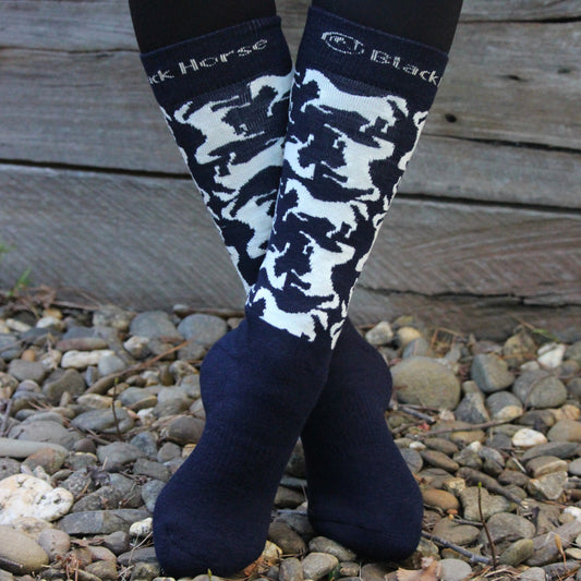 Black Horse Wool Socks - Navy/Cream Horse