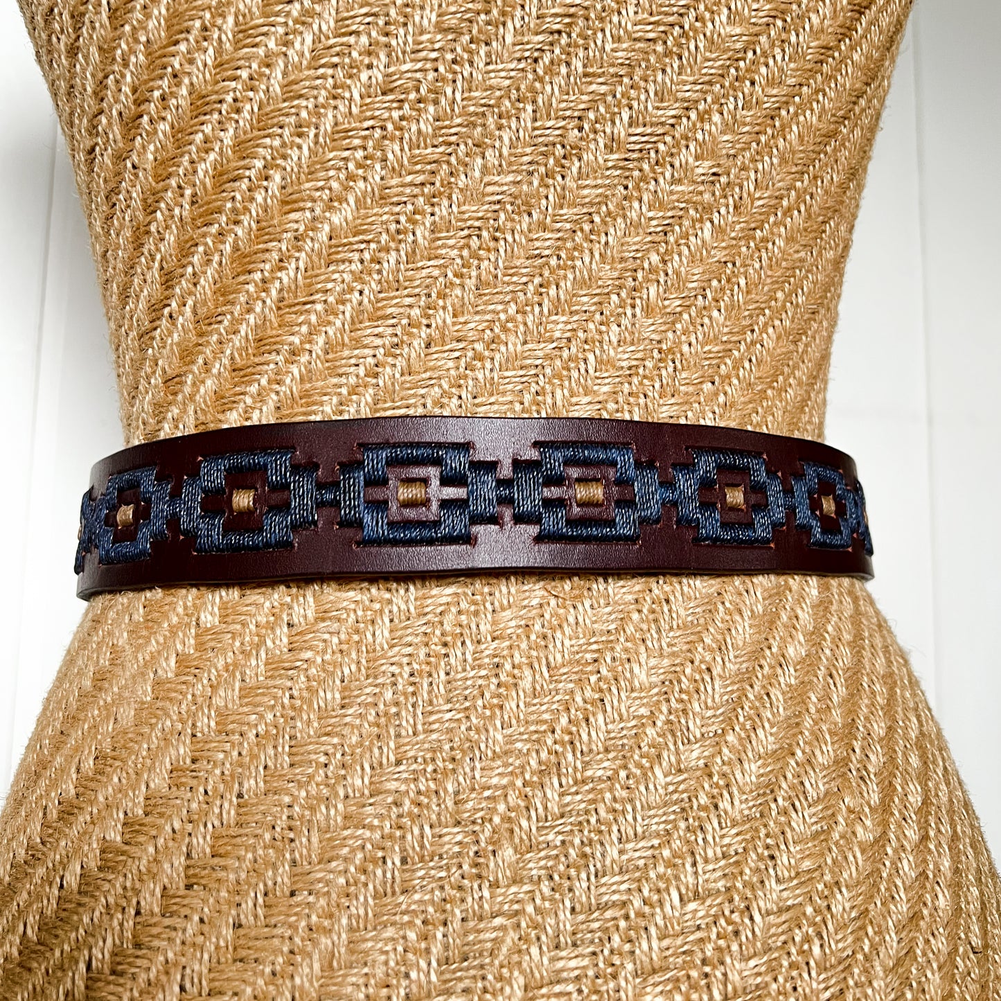 Rose Embroidered Leather Belt - Navy/Beige